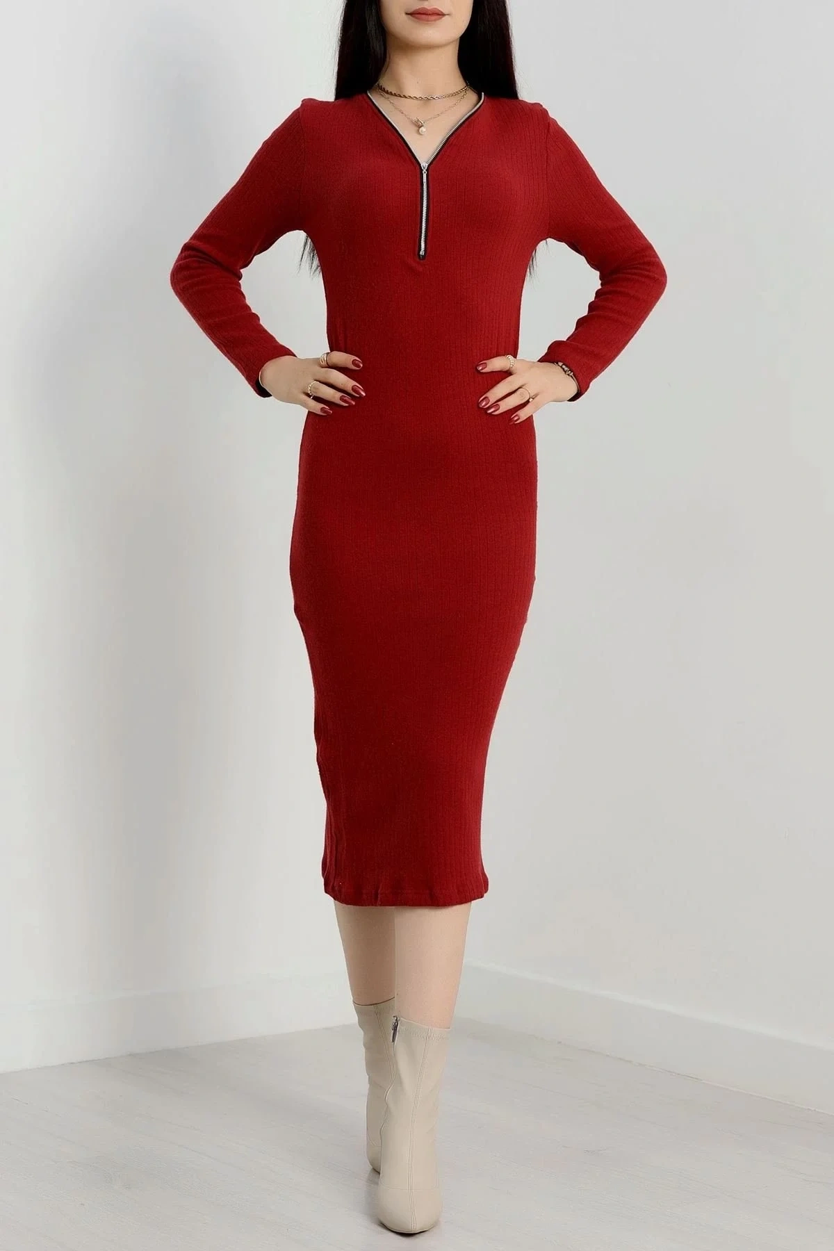 Fermuar detaylı fitilli şardonlu elbise bordo a3178