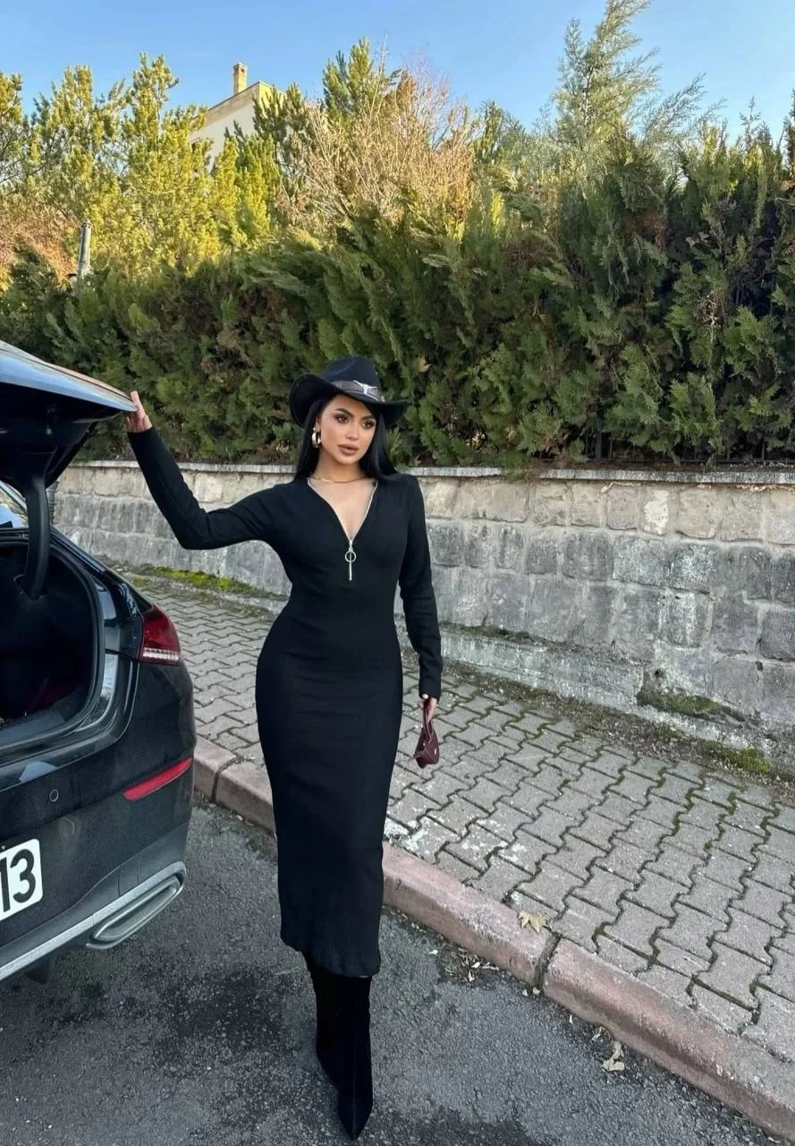 Fermuar detaylı fitilli şardonlu elbise siyah