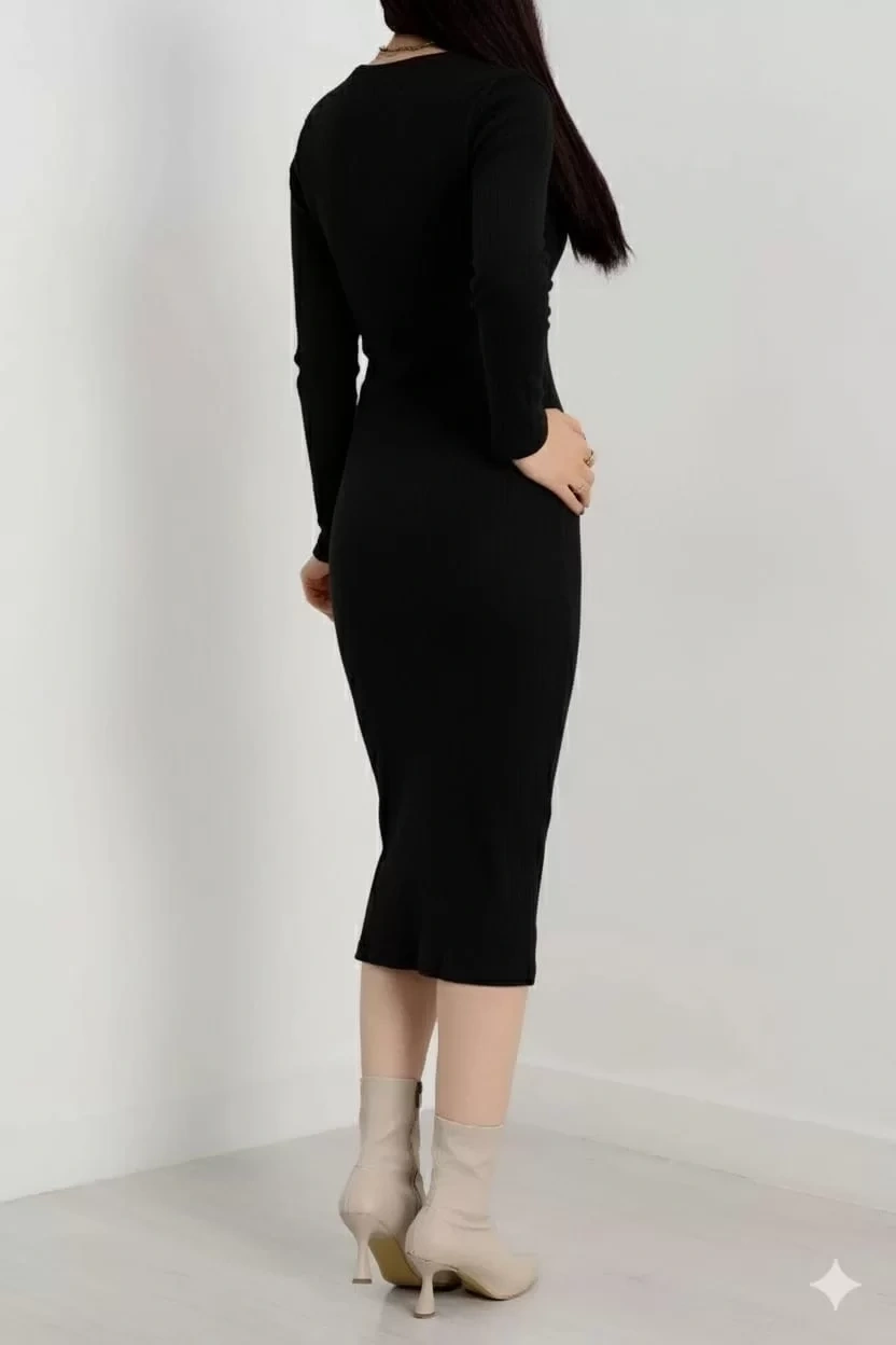 Fermuar detaylı fitilli şardonlu elbise siyah a3178