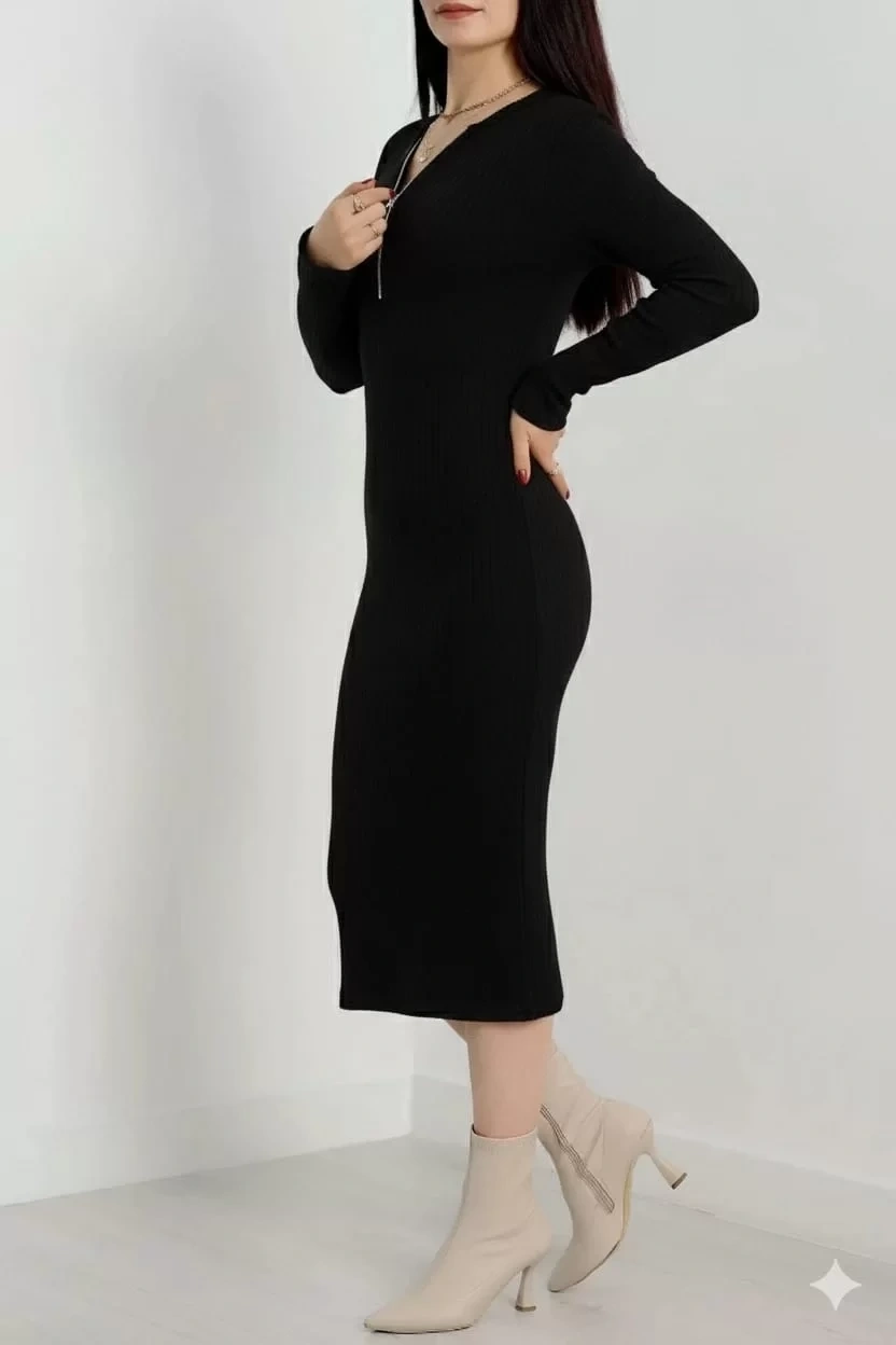 Fermuar detaylı fitilli şardonlu elbise siyah a3178