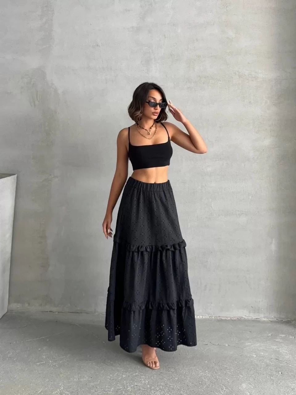 Fırfırlı brodeli astarlı uzun etek siyah s255047