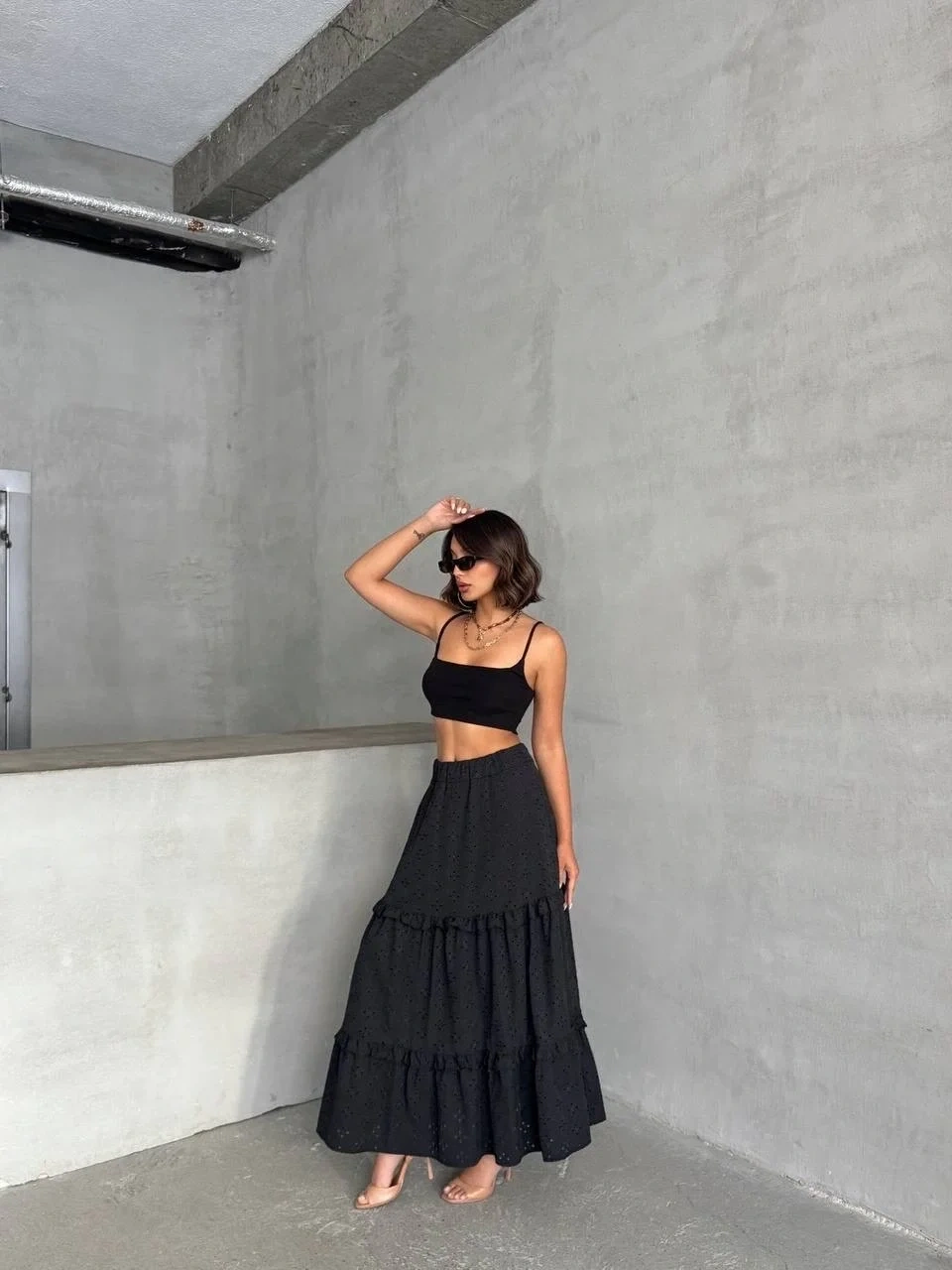 Fırfırlı brodeli astarlı uzun etek siyah s255047