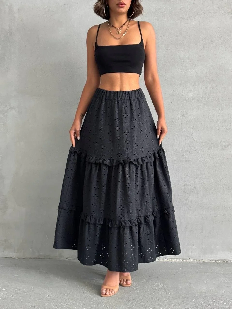 Fırfırlı brodeli astarlı uzun etek siyah s255047
