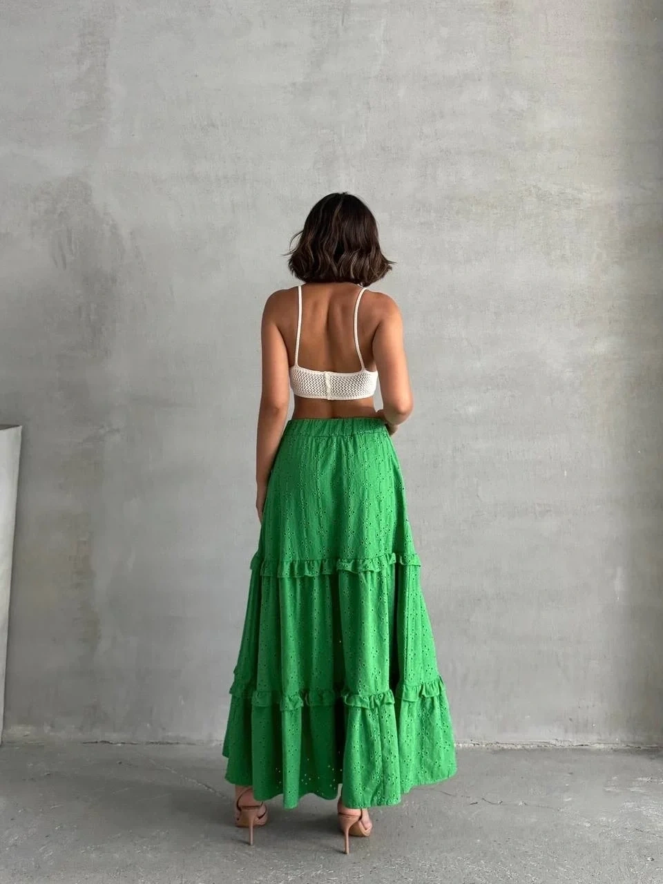Fırfırlı brodeli astarlı uzun etek yeşil s255047