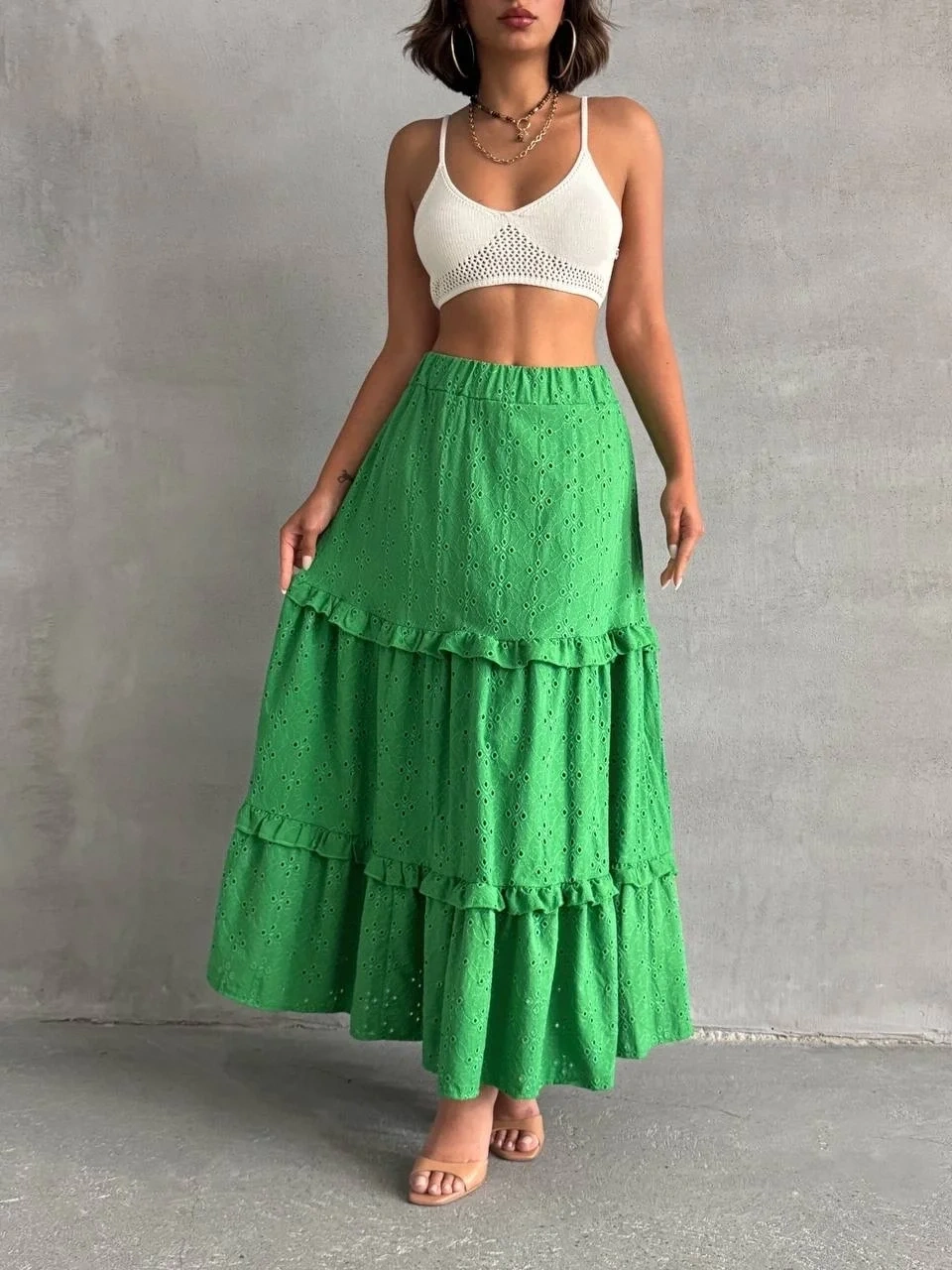 Fırfırlı brodeli astarlı uzun etek yeşil s255047