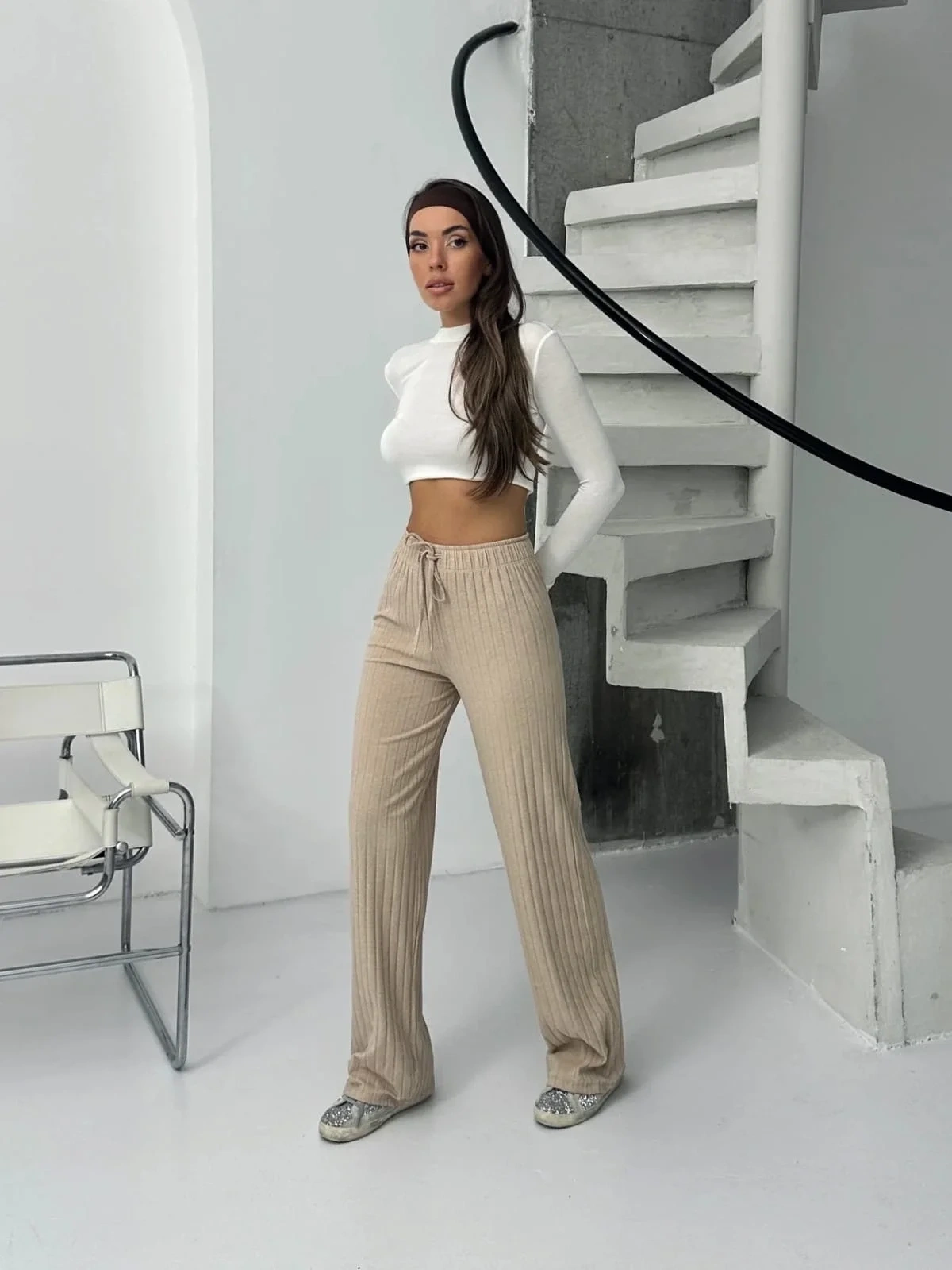 Fitilli şardonlu pantolon bej