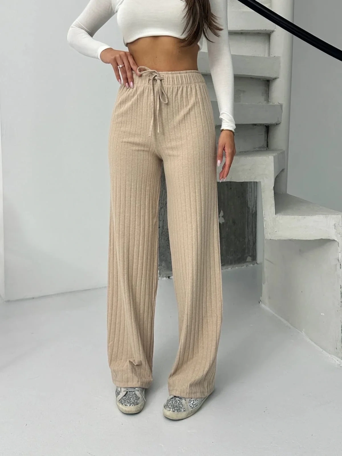 Fitilli şardonlu pantolon bej a4058
