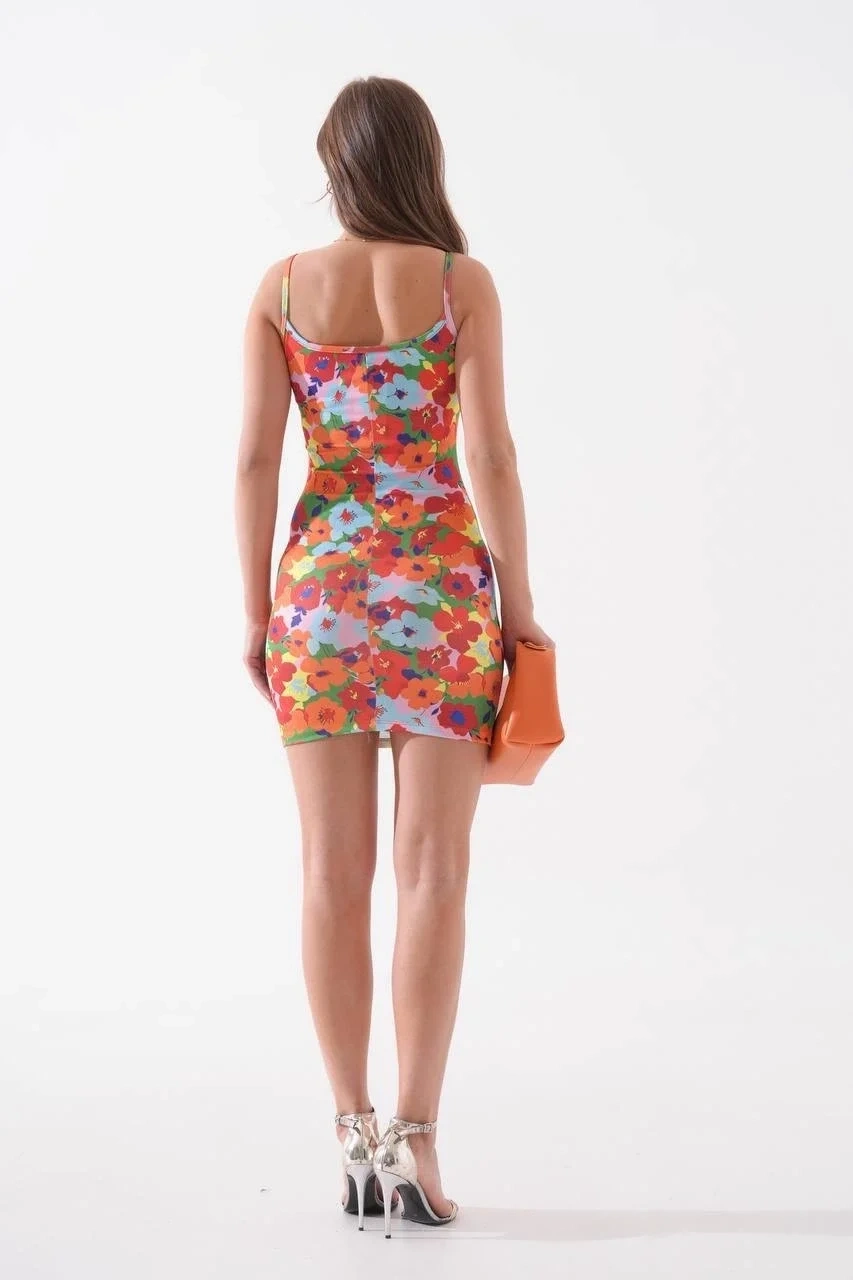 Kadın ince askılı desenli elbise s8105