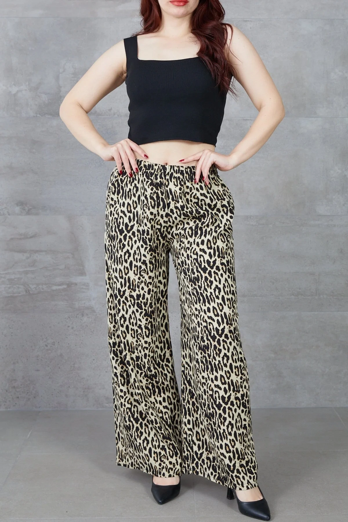 Kadın Leopar Desenli Rahat Kalıp Bol Paça Salaş Pantolon
