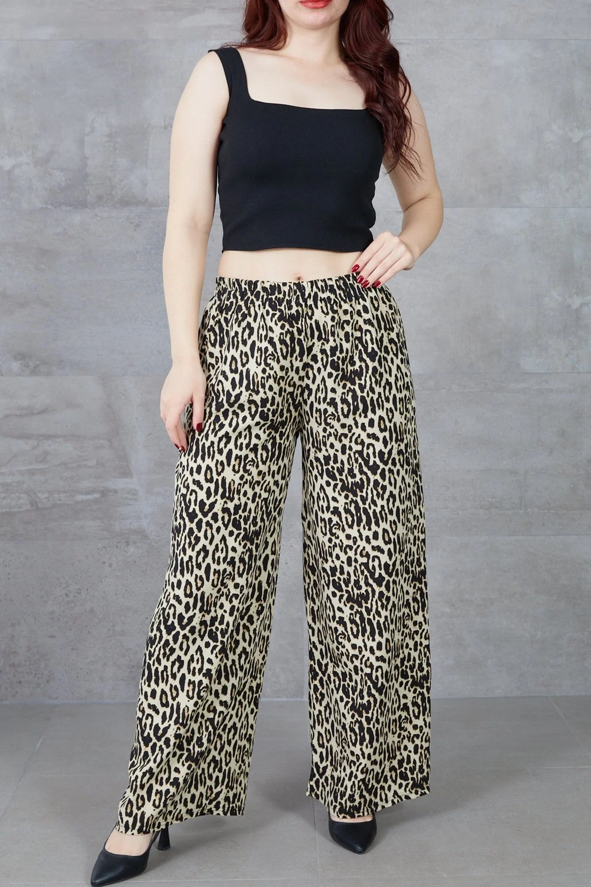Kadın Leopar Desenli Rahat Kalıp Bol Paça Salaş Pantolon