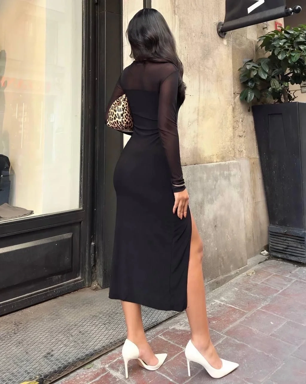 Kadın tül detaylı midi boy yırtmaçlı elbise