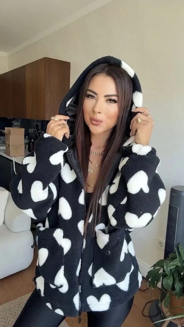 Kalpli peluş ceket içi astarlı siyahbeyaz