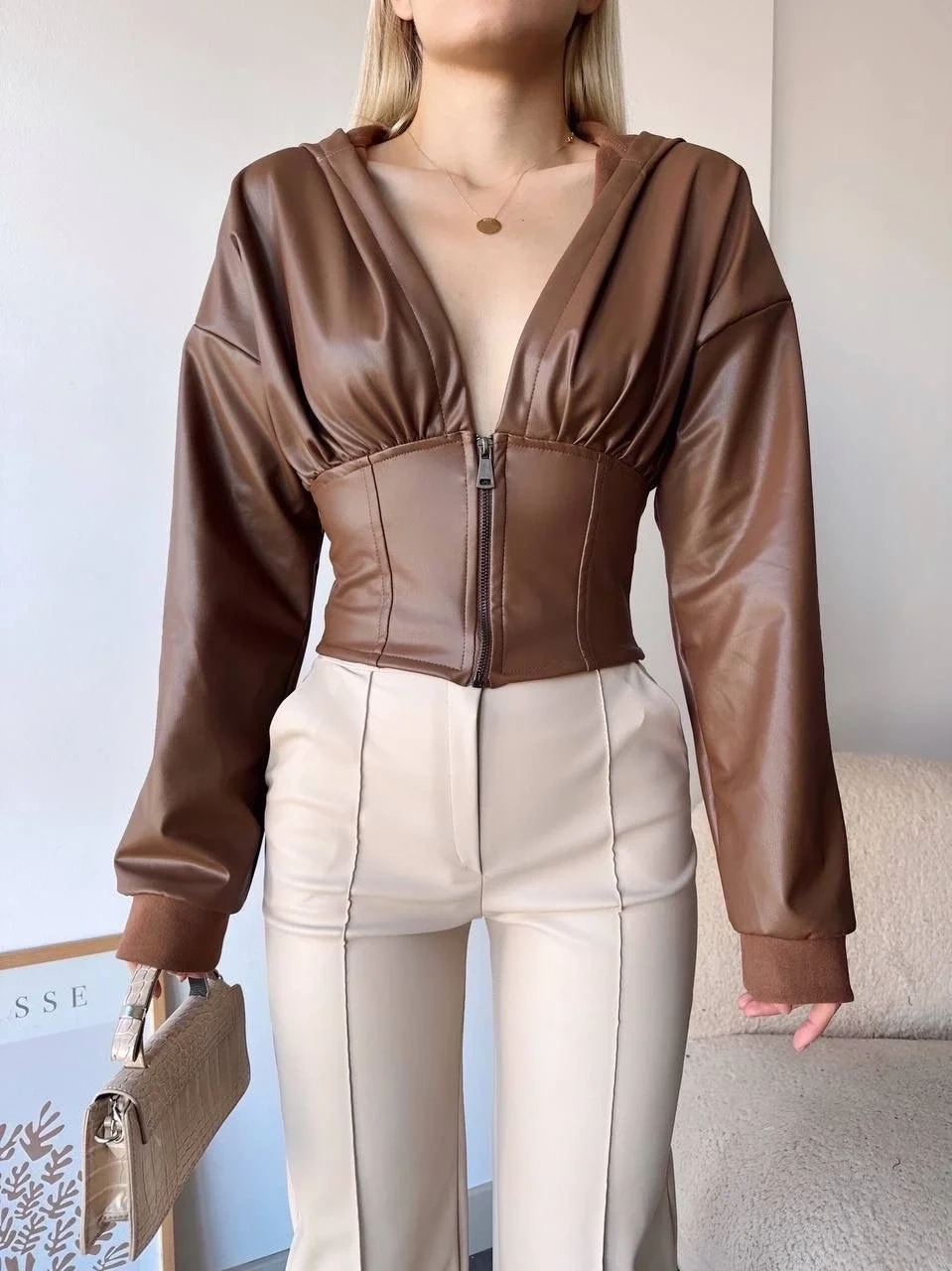 Kapşonlu yarım fermuarlı ceket kahve h24116