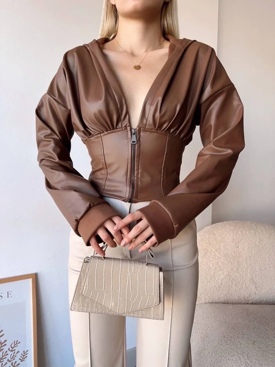 Kapşonlu yarım fermuarlı ceket kahve h24116