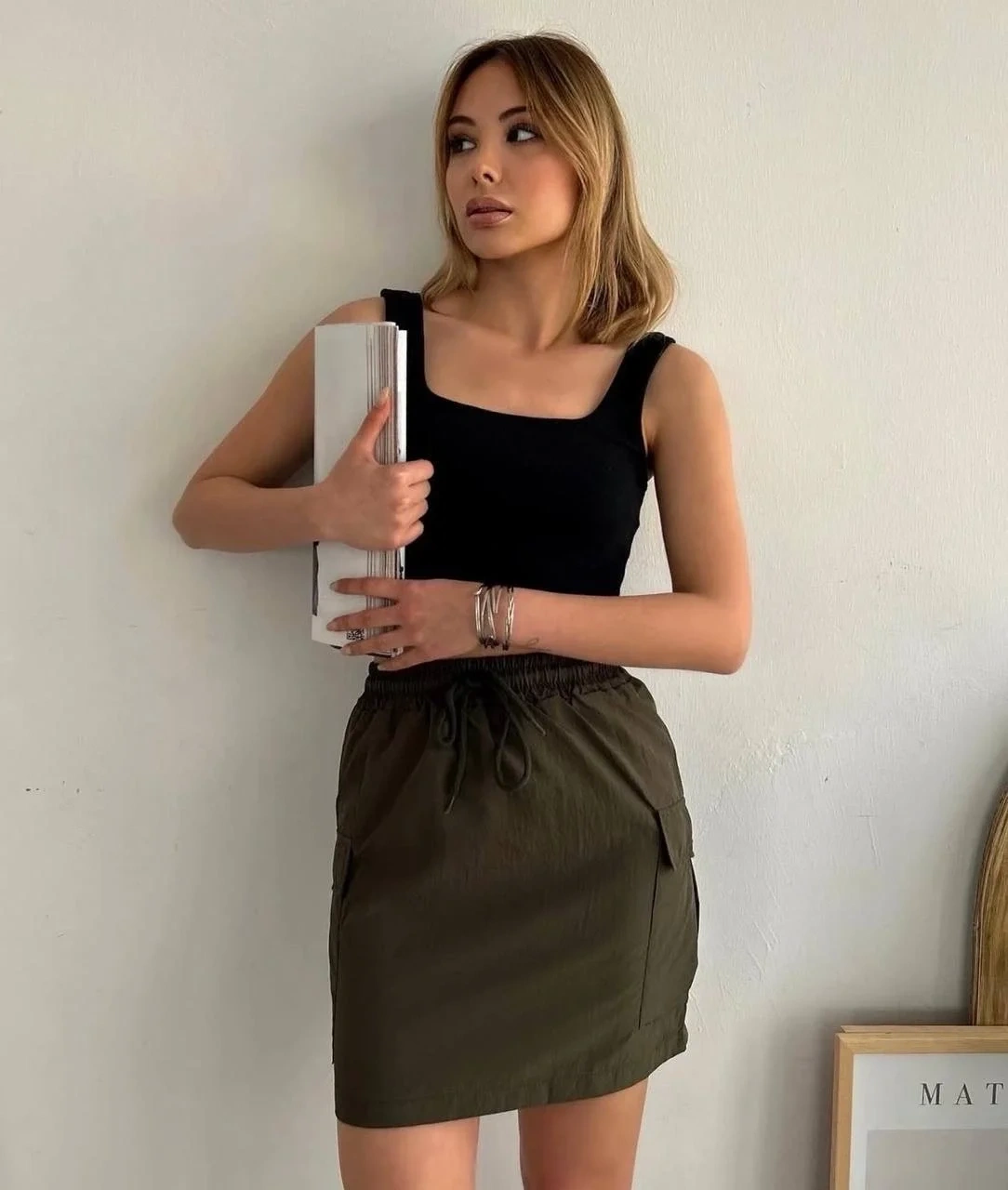 Kargo cep ince paraşüt etek haki s241019