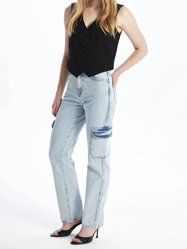 Kargo cep kar yıkama jeans pantolon