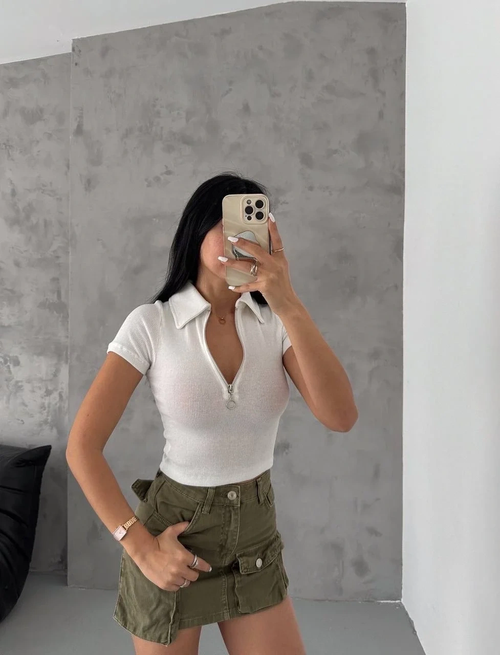 kaşkorse yaka fermuarlı bluz beyaz