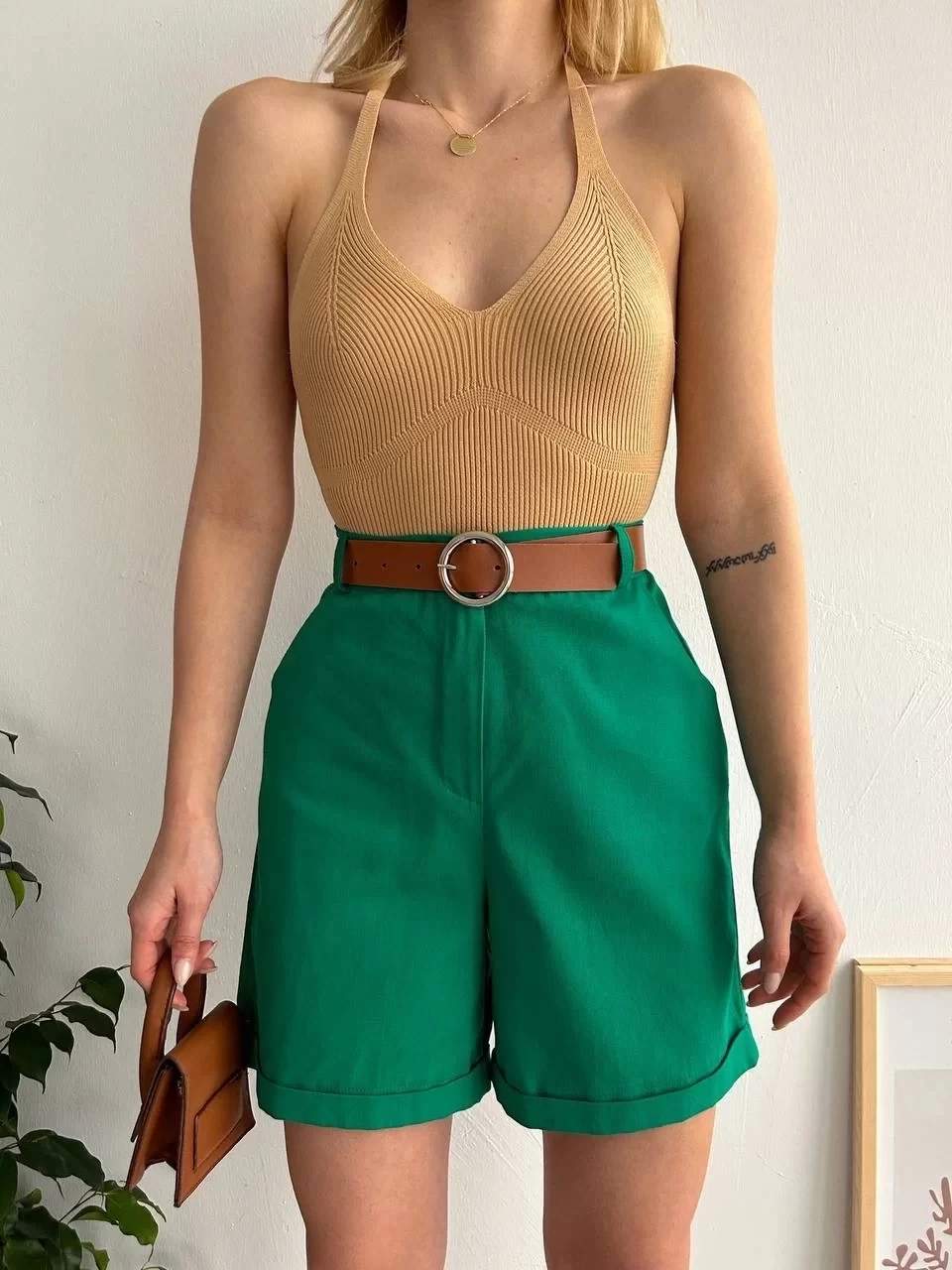 Kemerli gabardin şort yeşil s25735