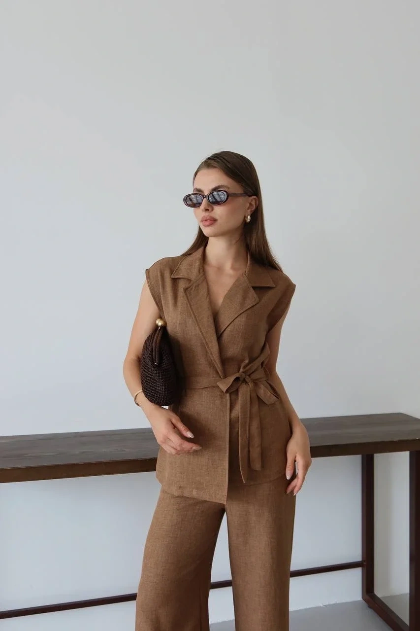 Keten yelek pantolon takım kahve pt