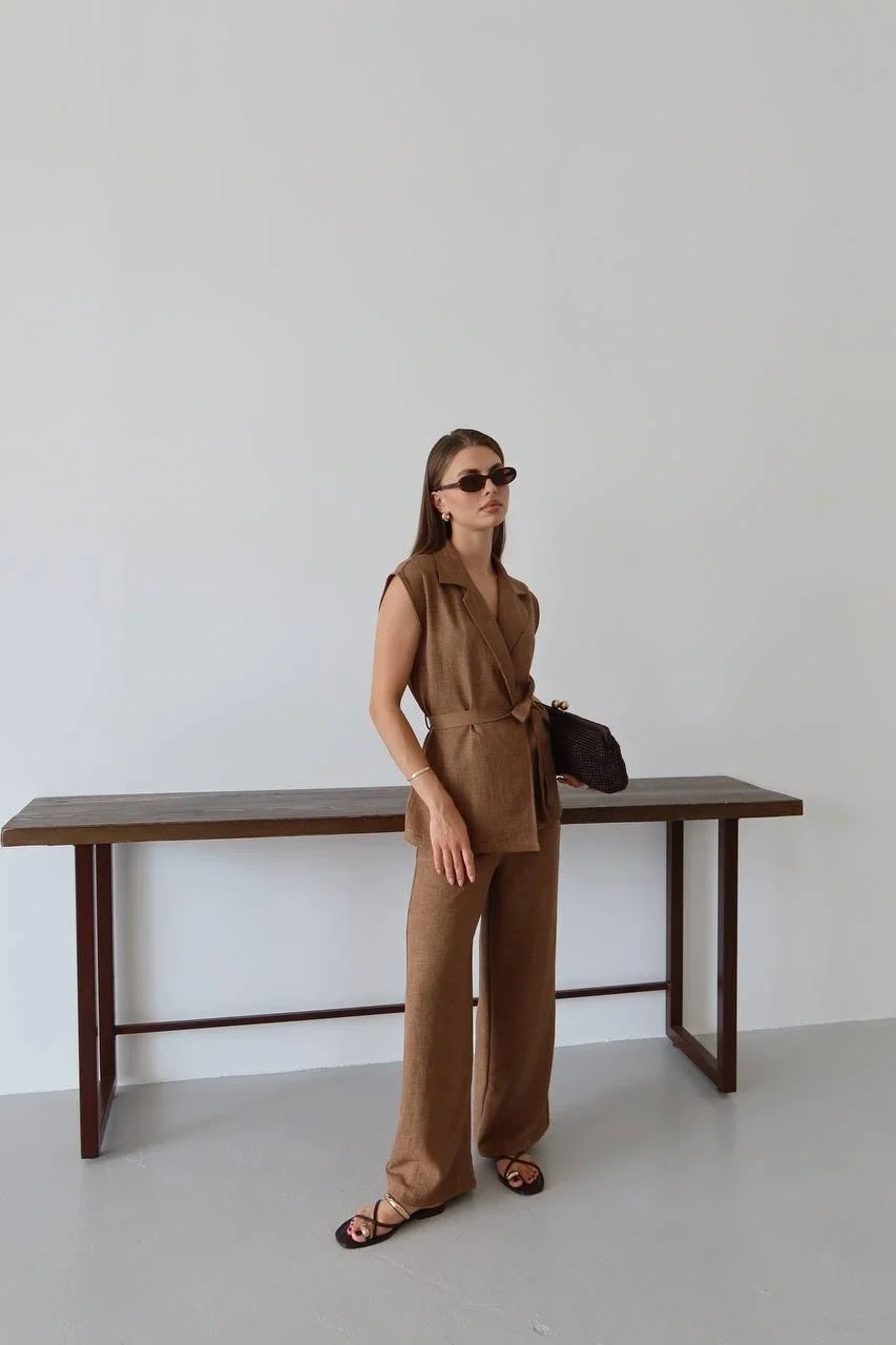 Keten yelek pantolon takım kahve pt