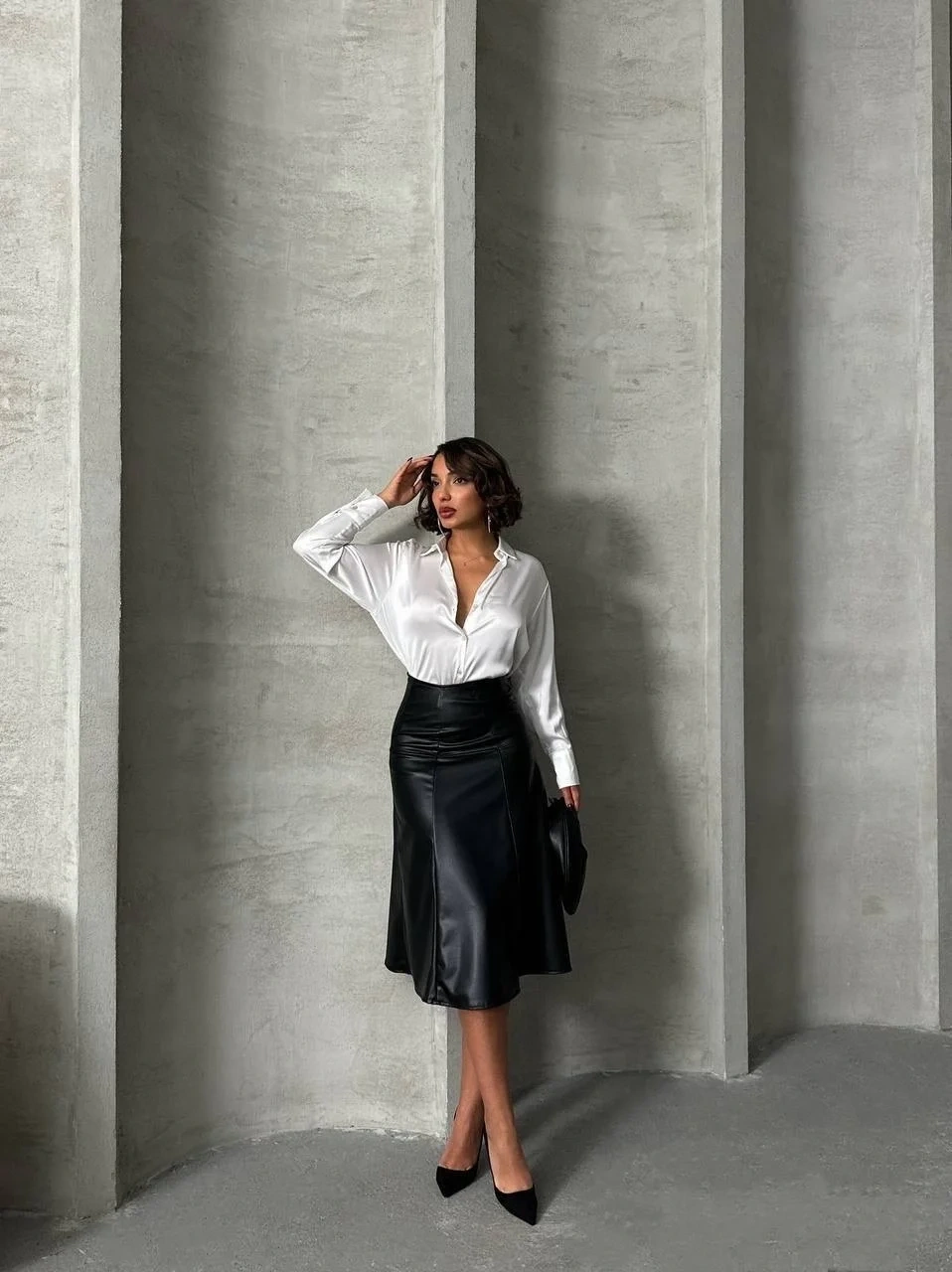 Komple parçalı deri etek siyah h26441