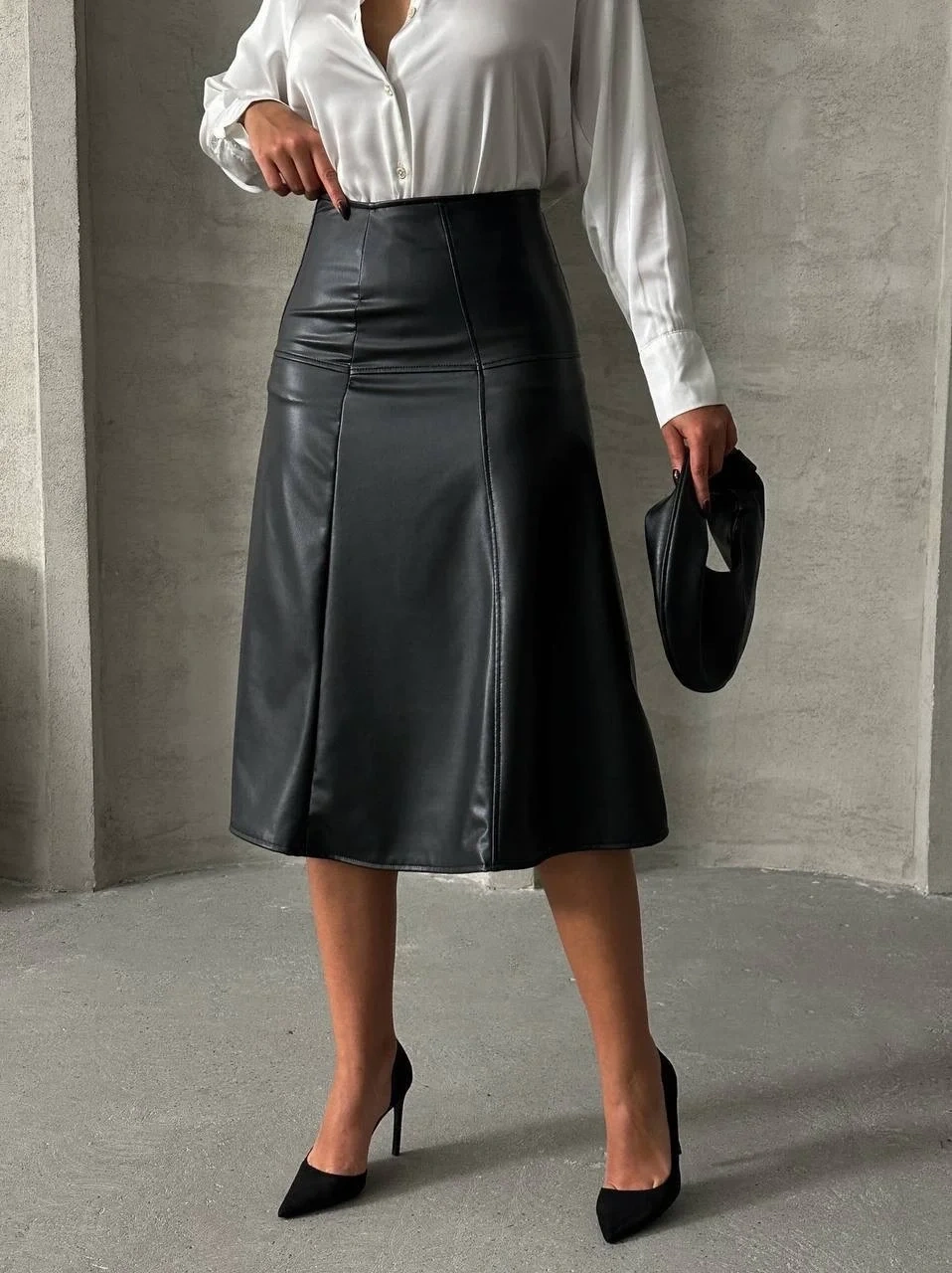 Komple parçalı deri etek siyah h26441