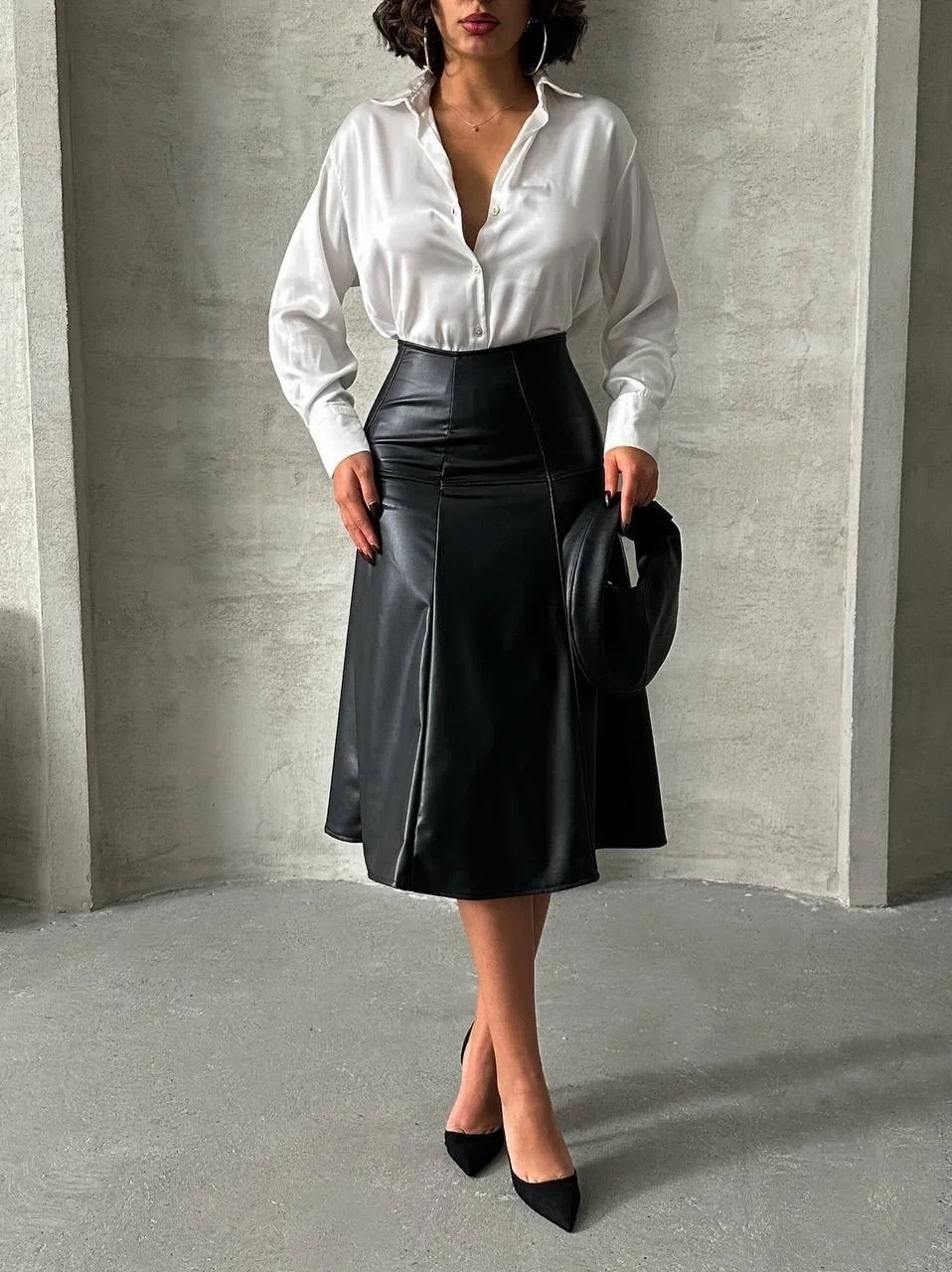 Komple parçalı deri etek siyah h26441