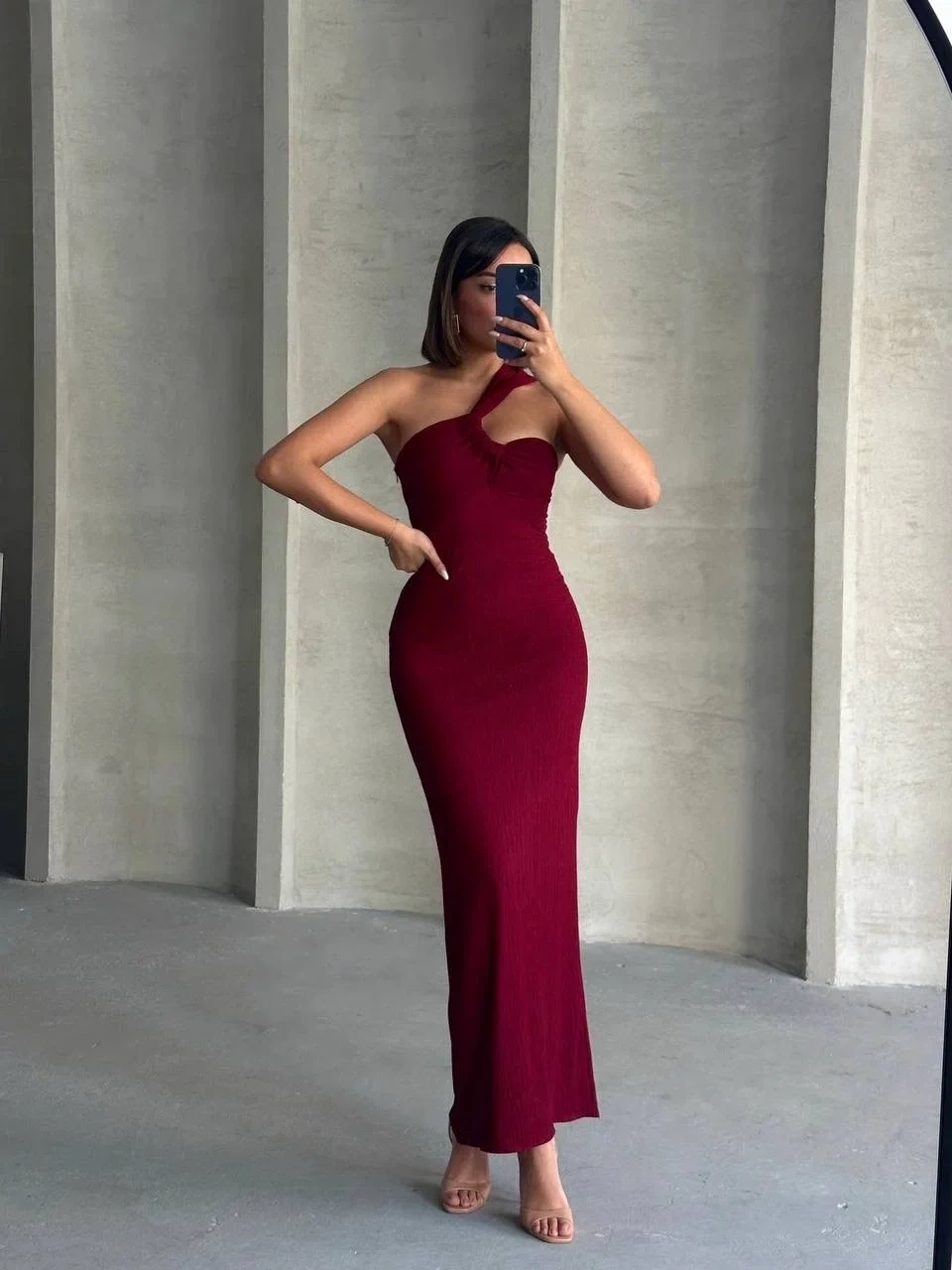 Krinkıl tek omuz uzun elbise bordo s25455