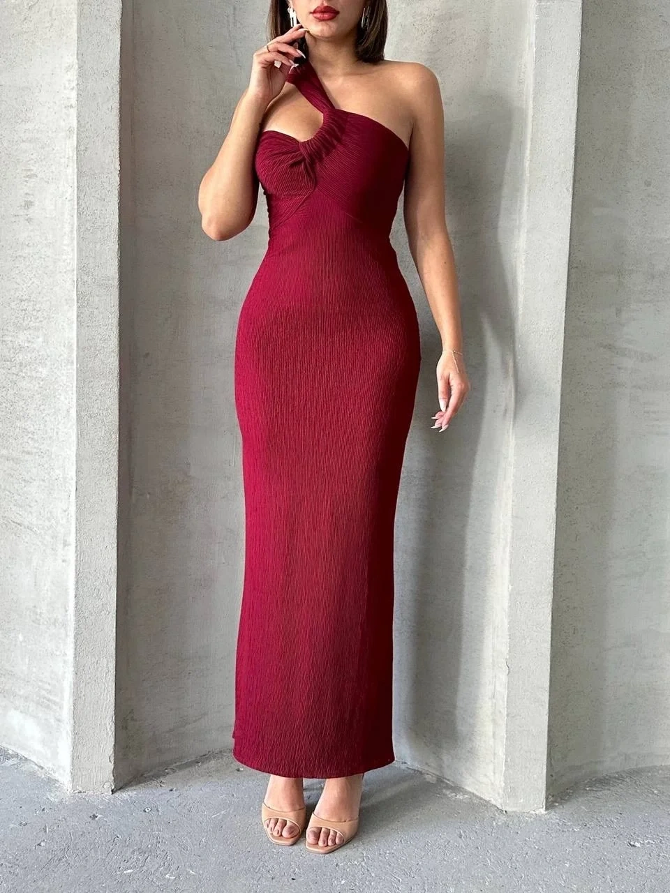 Krinkıl tek omuz uzun elbise bordo s25455