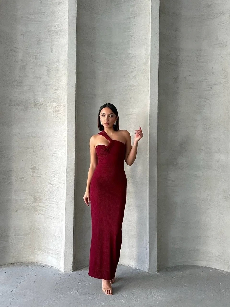Krinkıl tek omuz uzun elbise bordo s25455