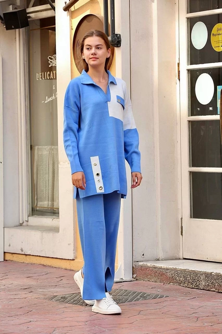 Kuş gözü triko takım Mavi