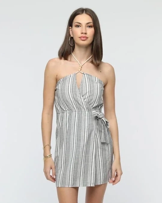 Kuşaklı çizgili mini keten elbise