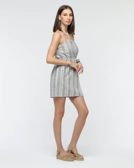 Kuşaklı çizgili mini keten elbise
