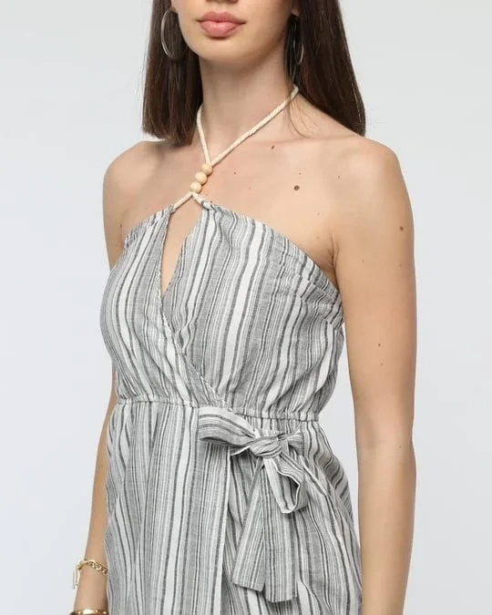 Kuşaklı çizgili mini keten elbise