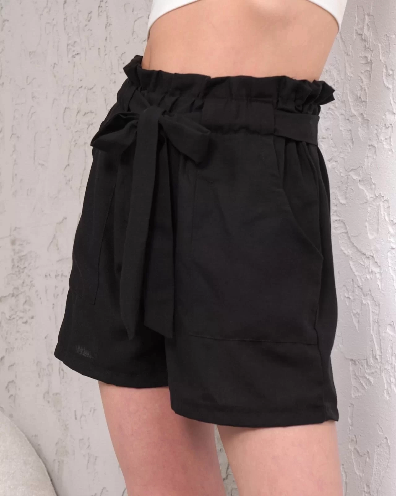 Kuşaklı keten şort siyah s255265