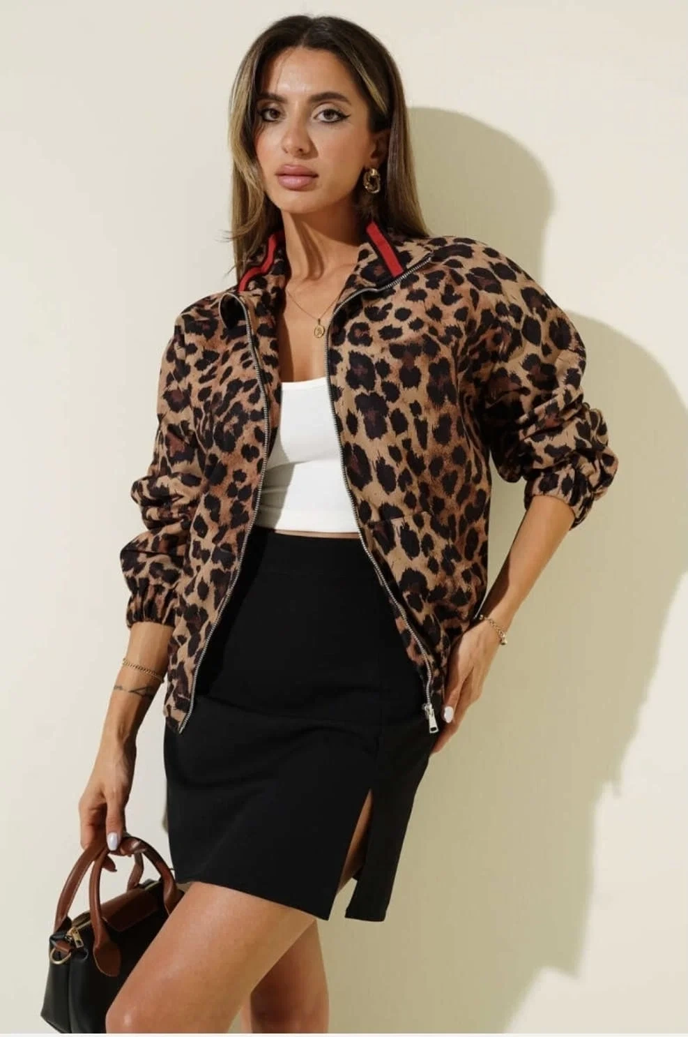 Leopar desenli astarlı ceket siyah