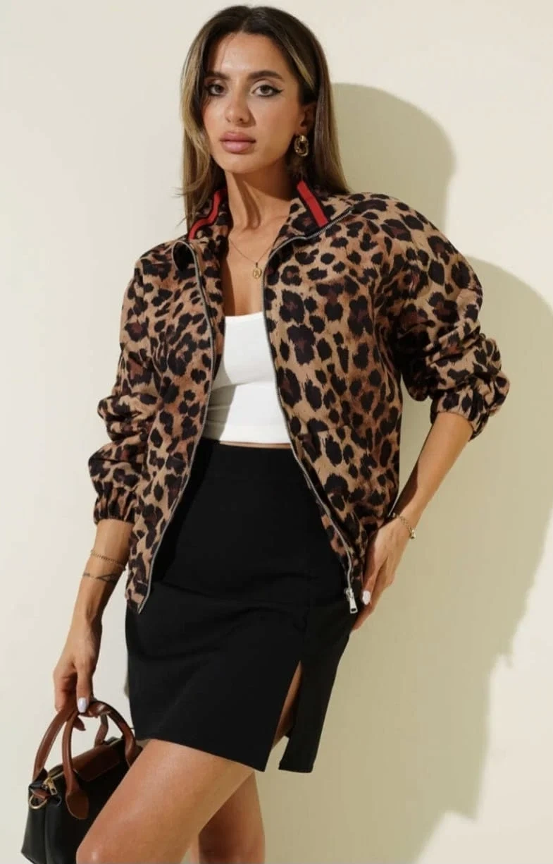 Leopar desenli astarlı ceket siyah