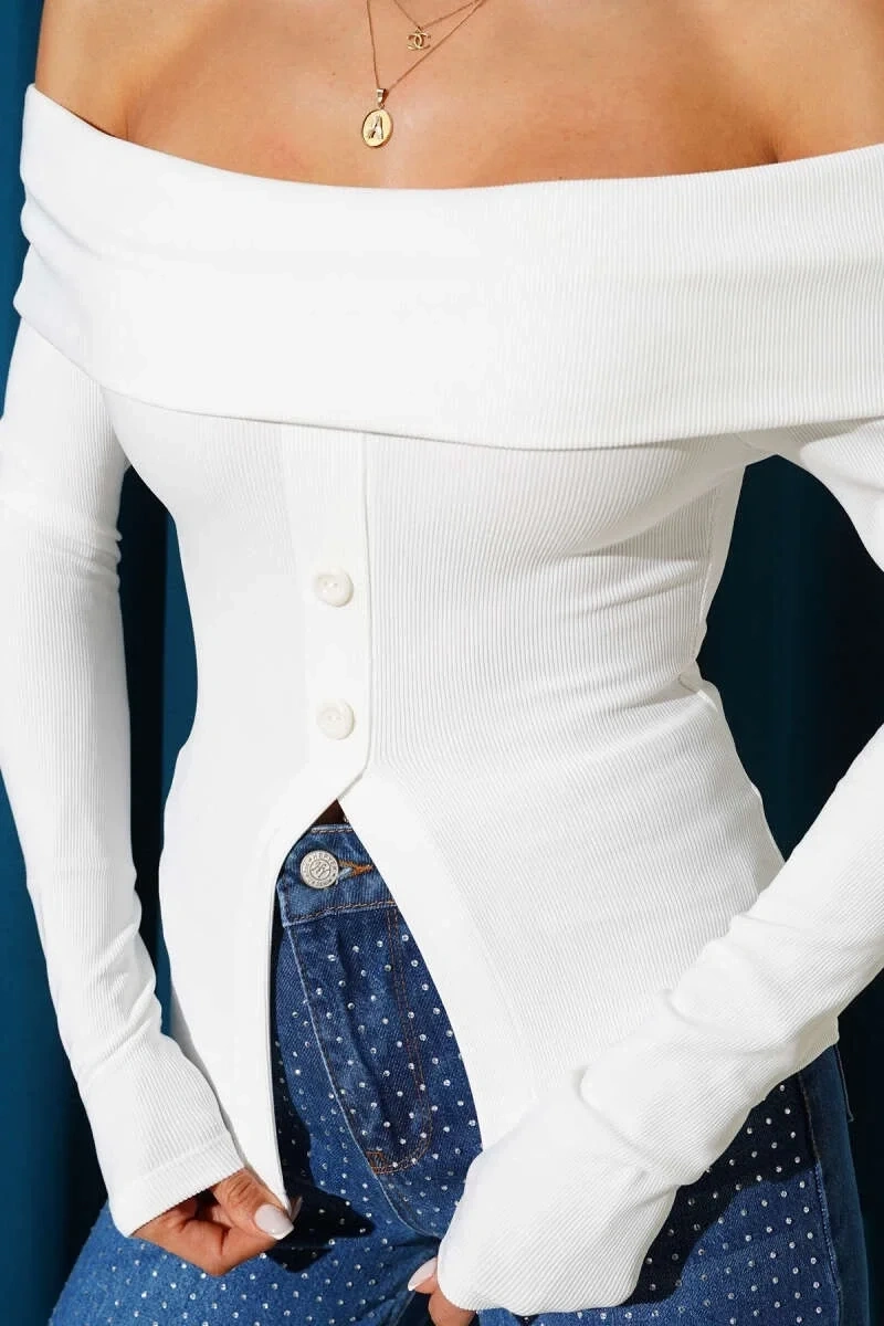Madonna Yaka Düğmeli Bluz Beyaz