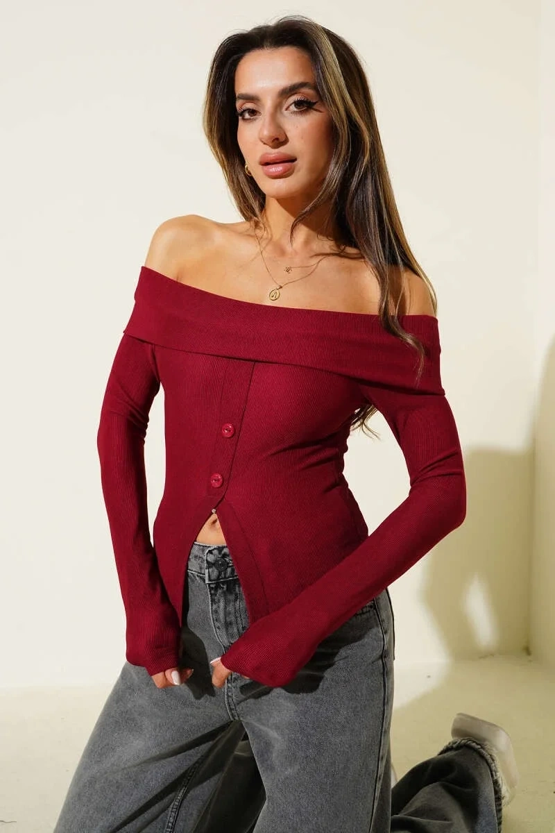 Madonna Yaka Düğmeli Bluz bordo