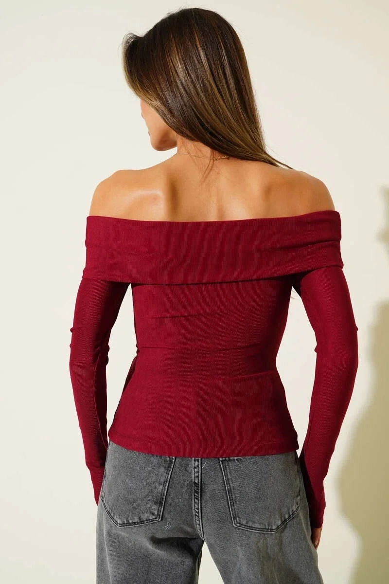 Madonna Yaka Düğmeli Bluz bordo