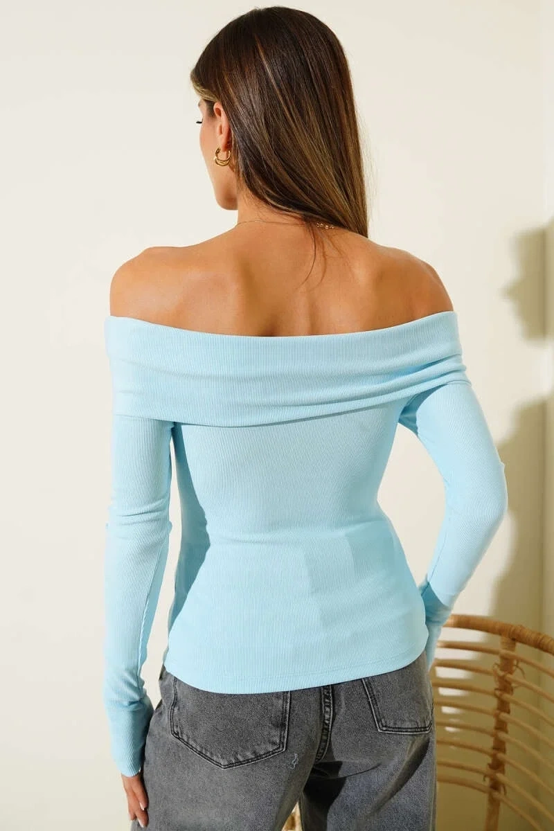 Madonna Yaka Düğmeli Bluz Mavi