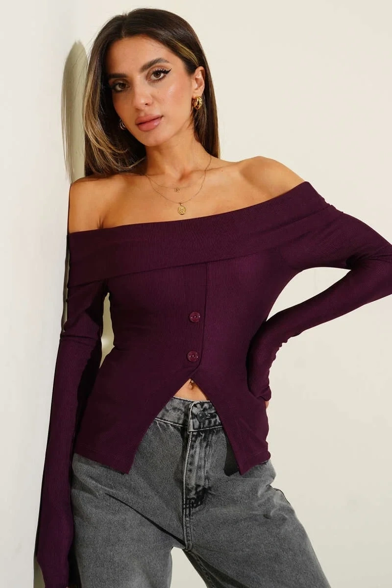 Madonna Yaka Düğmeli Bluz Mürdüm