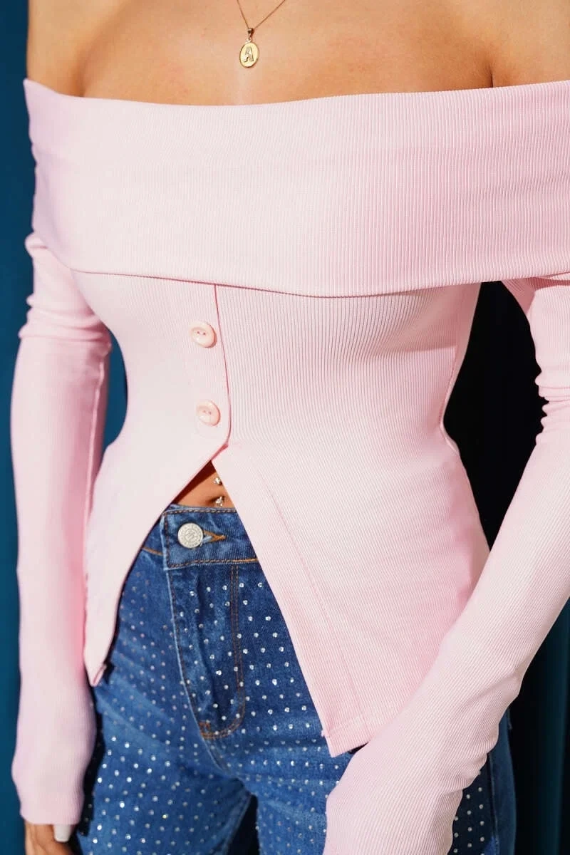 Madonna Yaka Düğmeli Bluz pembe