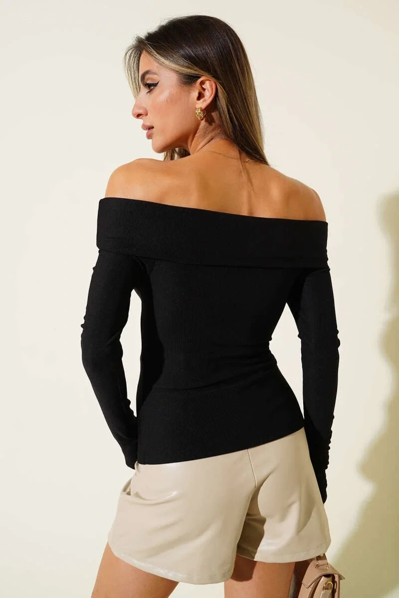 Madonna Yaka Düğmeli Bluz siyah