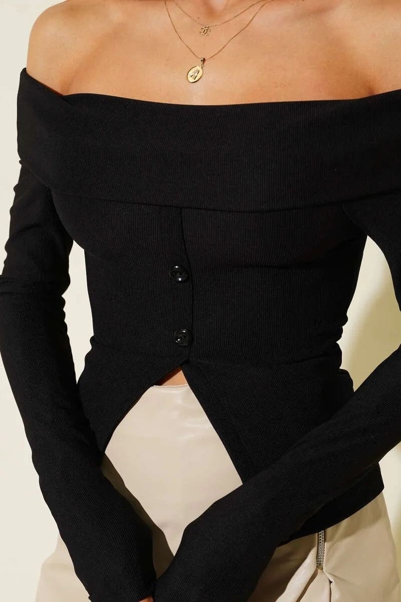 Madonna Yaka Düğmeli Bluz siyah