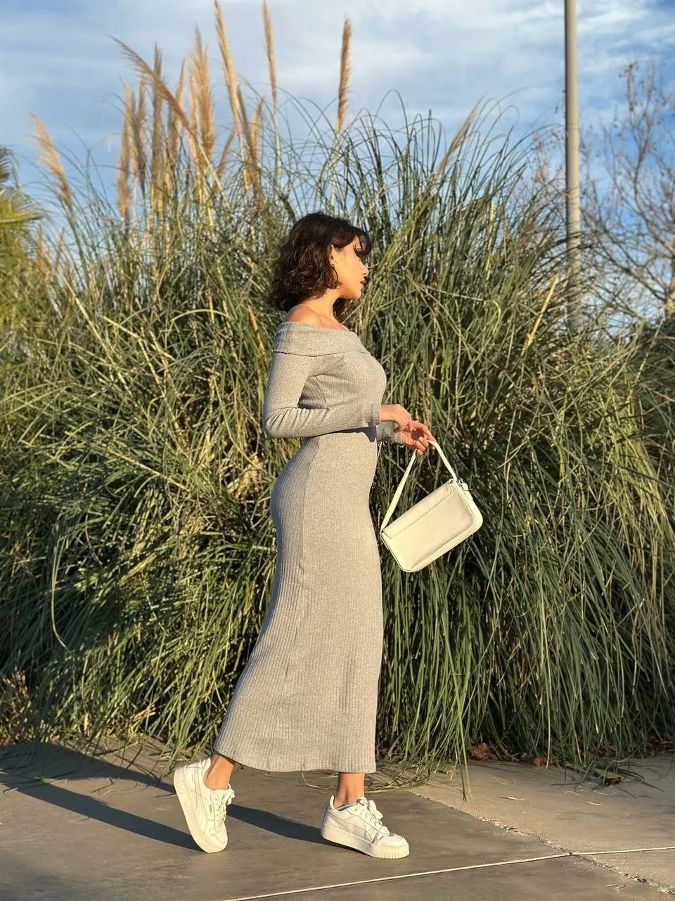 Madonna yaka uzun elbise şardonlu kumaş gri