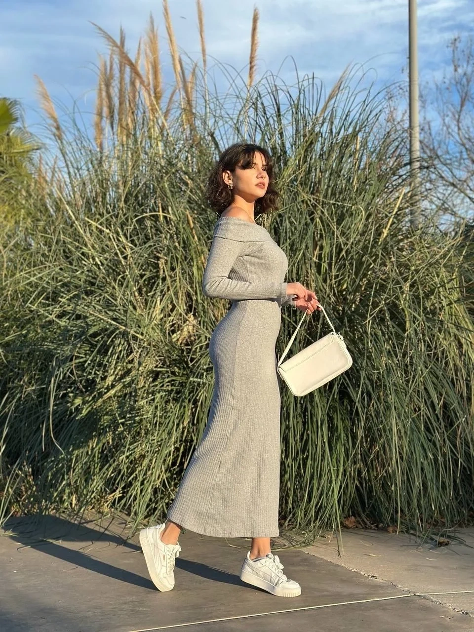 Madonna yaka uzun elbise şardonlu kumaş gri