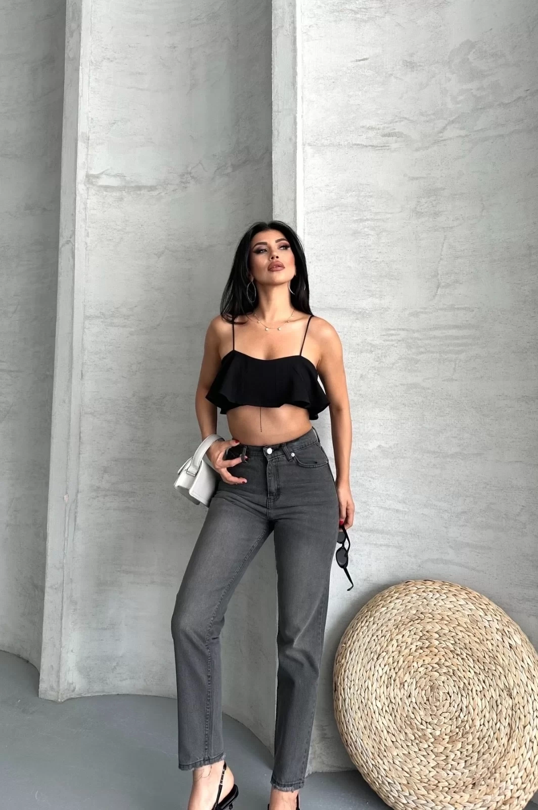 Mom fit enzim taş yıkama jeans pantolon füme d2006