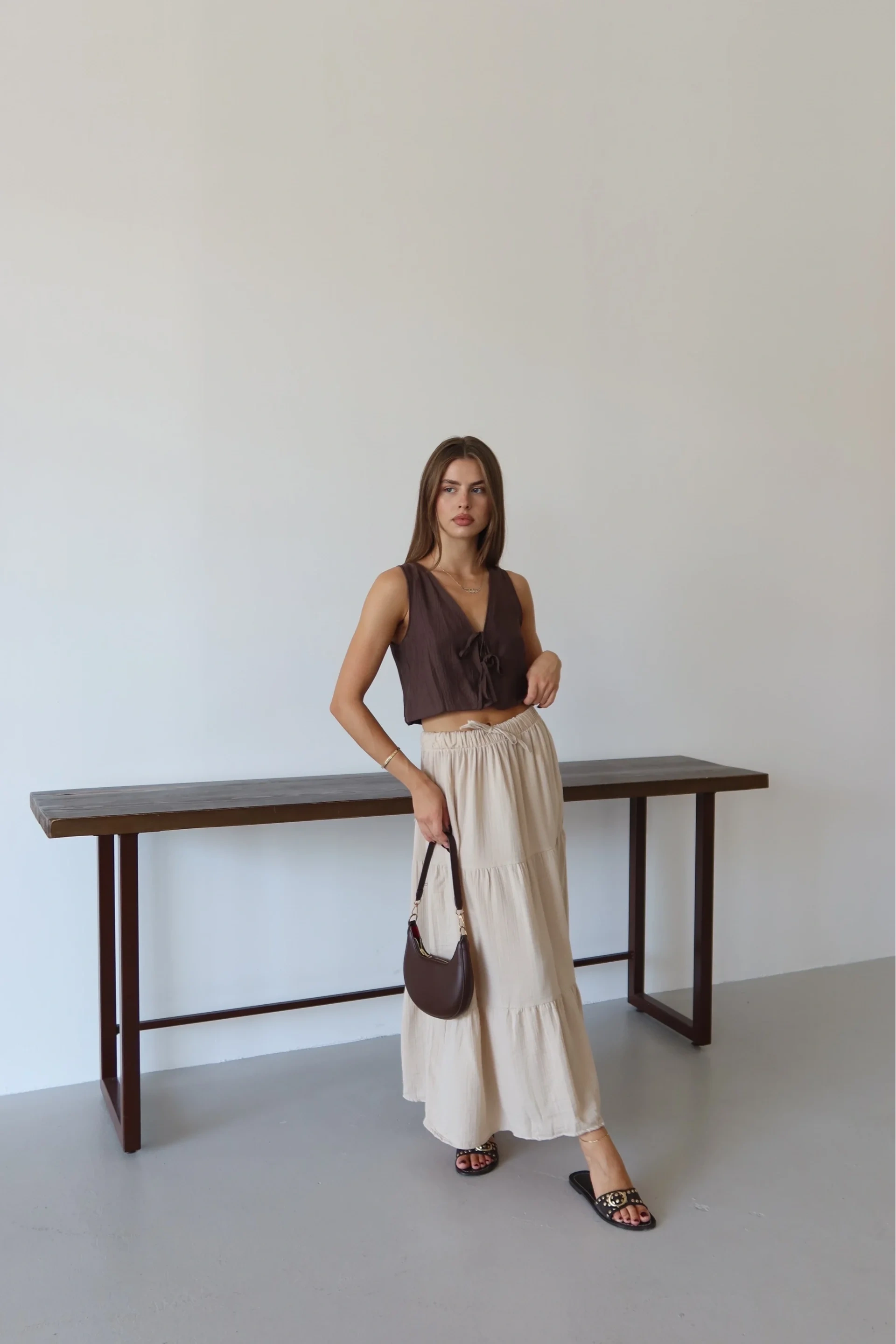 Müslin kumaş keten uzun etek bej pt