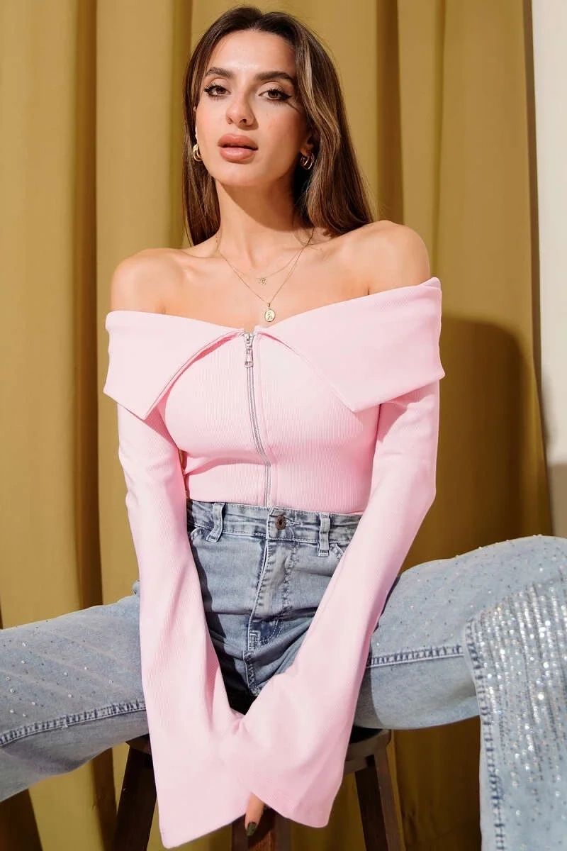 Omzu Açık Fermuarlı Bluz pembe T4330